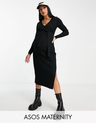 ASOS DESIGN Maternity knitted midi dress with wrap front in black