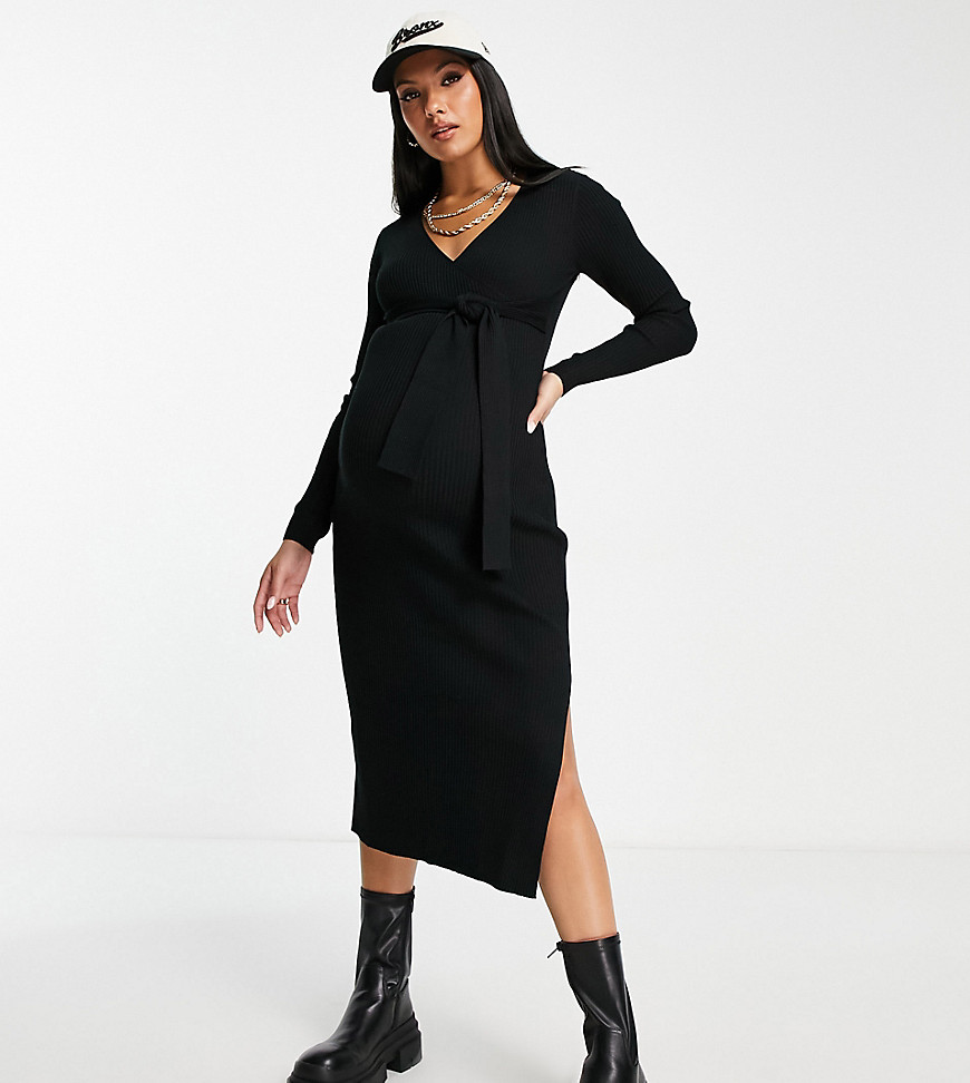 ASOS Design Maternity knitted midi dress with wrap front in black