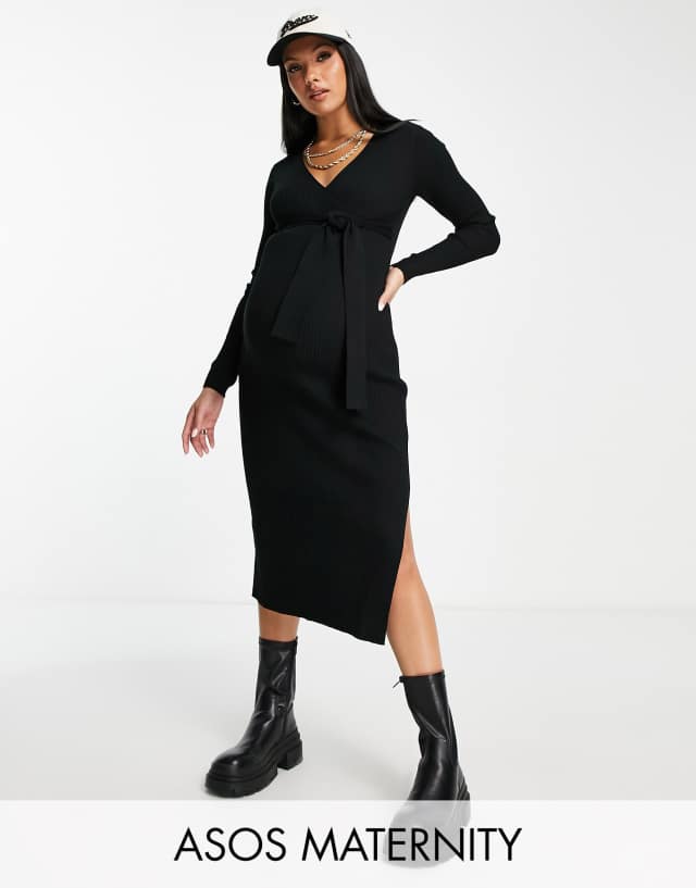 ASOS Design Maternity knitted midi dress with wrap front in black