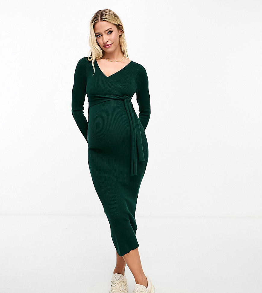 Asos Maternity Asos Design Maternity Knitted Midi Dress With Wrap Front In Dark Green