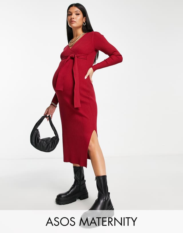 ASOS Design Maternity knitted midi dress with wrap front in dark red