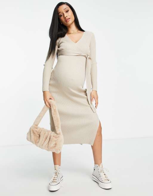 ASOS DESIGN Maternity knitted midi dress with wrap front in oatmeal, 4 of 4