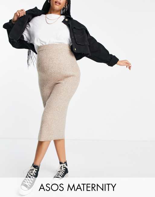 ASOS DESIGN Maternity knitted midi skirt in rib in camel (Part of a co-ord)