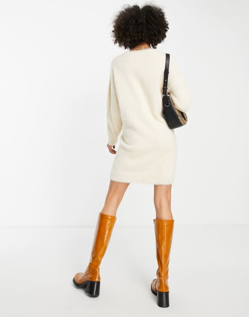 ASOS DESIGN Maternity knitted mini dress with crew neck in fluffy yarn in cream, 2 of 4
