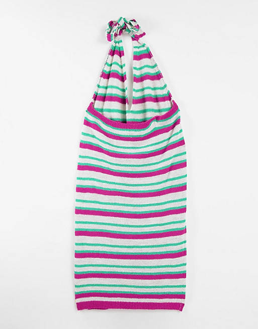 Women Maternity knitted mini dress with halter neck in multi stripe 