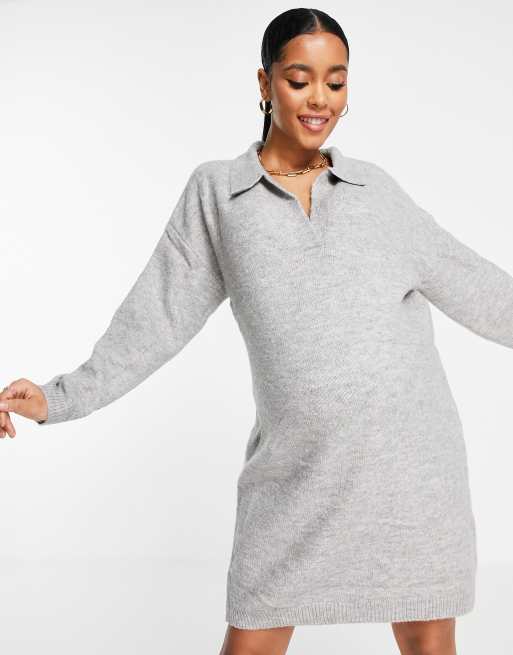 ASOS DESIGN Maternity knitted mini dress with open collar in grey