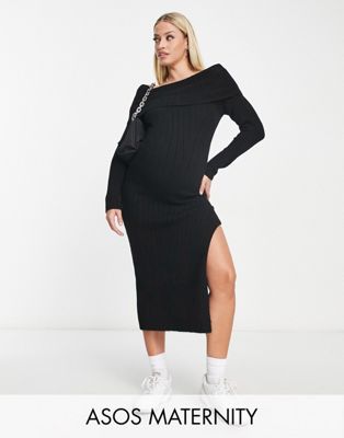 ASOS DESIGN Maternity knitted off shoulder maxi dress in black