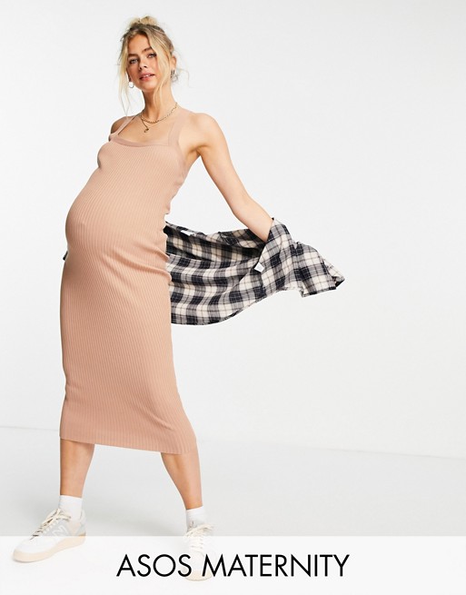ASOS DESIGN Maternity knitted rib midi dress with square neck in camel