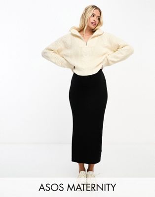 ASOS DESIGN Maternity knitted rib midi skirt in black