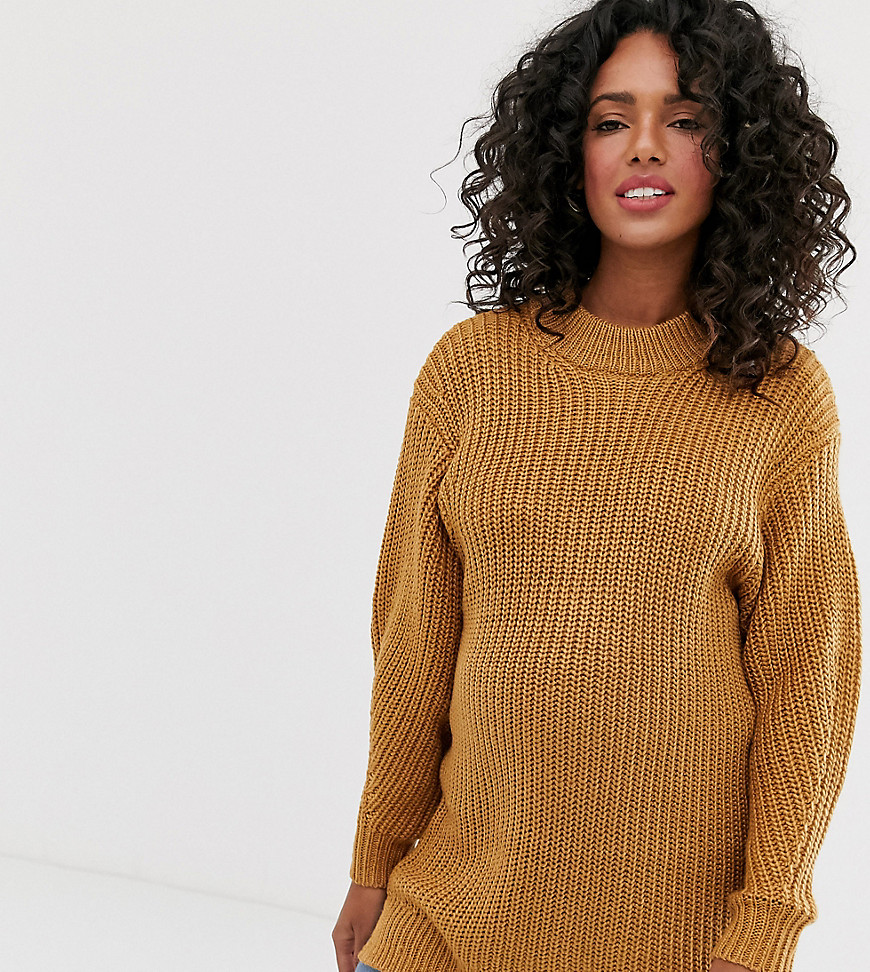 ASOS DESIGN Maternity knitted rib mini dress with chunky crew neck-Stone