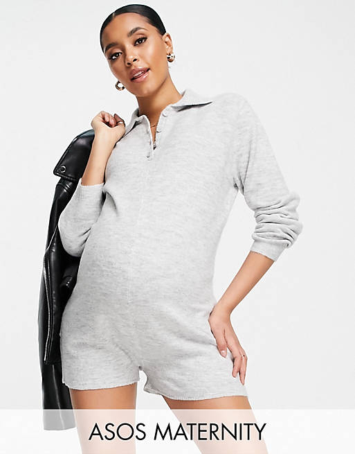 Women Maternity knitted romper with collar detail in grey marl 