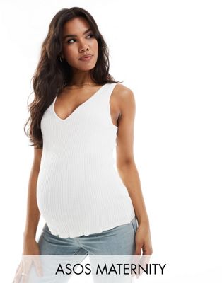 ASOS DESIGN Maternity knitted strappy v neck cami top in cream