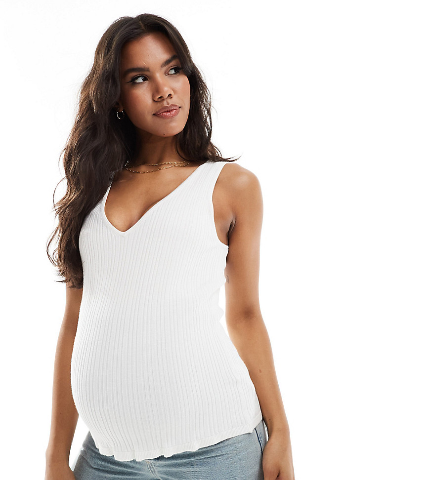 ASOS DESIGN Maternity knitted strappy v neck cami top in cream-White