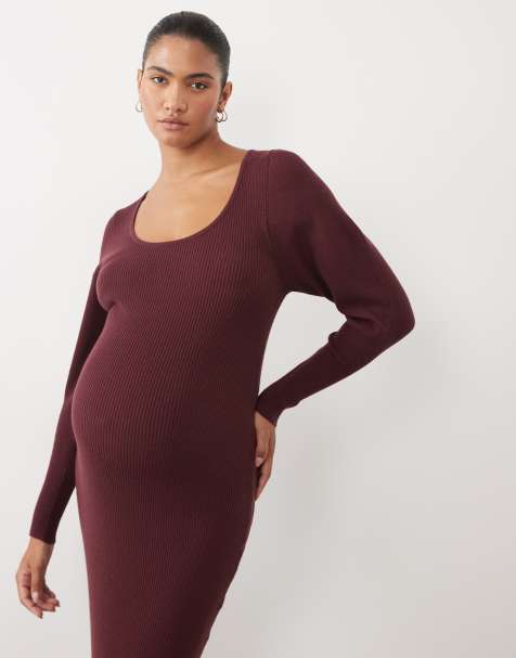 ASOS DESIGN Maternity knitted structured scoop neck maxi dress in burgundy - view 1
