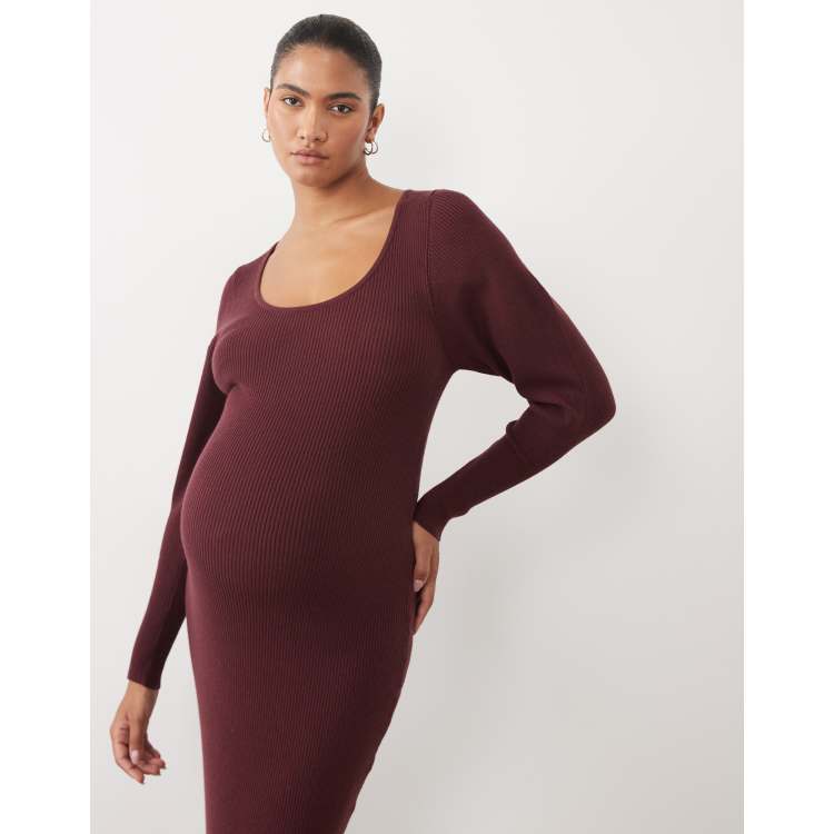 ASOS DESIGN Maternity knitted structured scoop neck maxi dress in burgundy