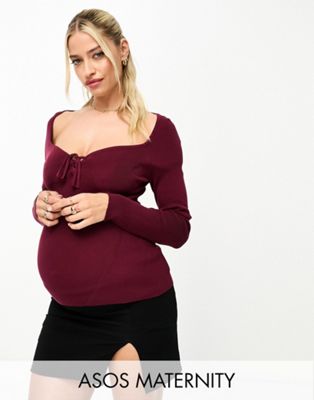 ASOS DESIGN Maternity knitted top with sweetheart neck and lace up front detail in dark red - ASOS Price Checker