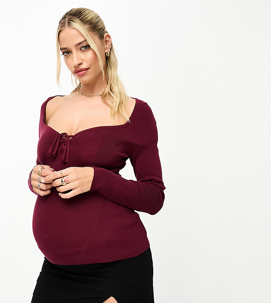Asos Maternity Asos Design Maternity Knitted Top With Sweetheart Neck And Lace Up Front Detail In Dark Red