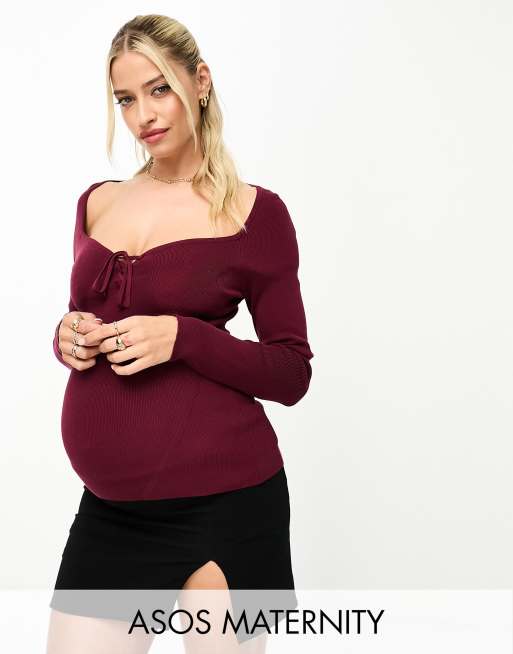 ASOS DESIGN Maternity knitted top with sweetheart neck and lace up front  detail in dark red