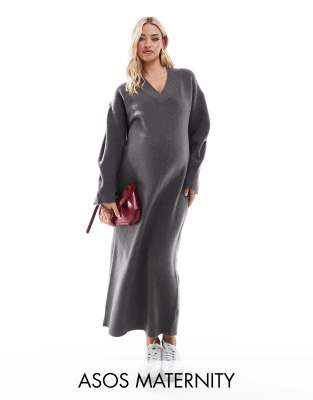 ASOS DESIGN Maternity knitted v neck midaxi dress in charcoal-Gray