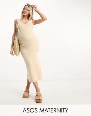 ASOS DESIGN Maternity knitted v neck midi dress in stone-Neutral