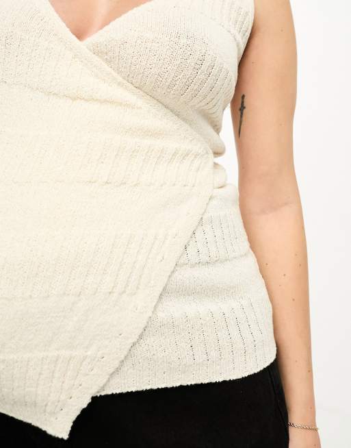 ASOS DESIGN Maternity knitted wrap cami in mixed stitch in cream, 4 of 4