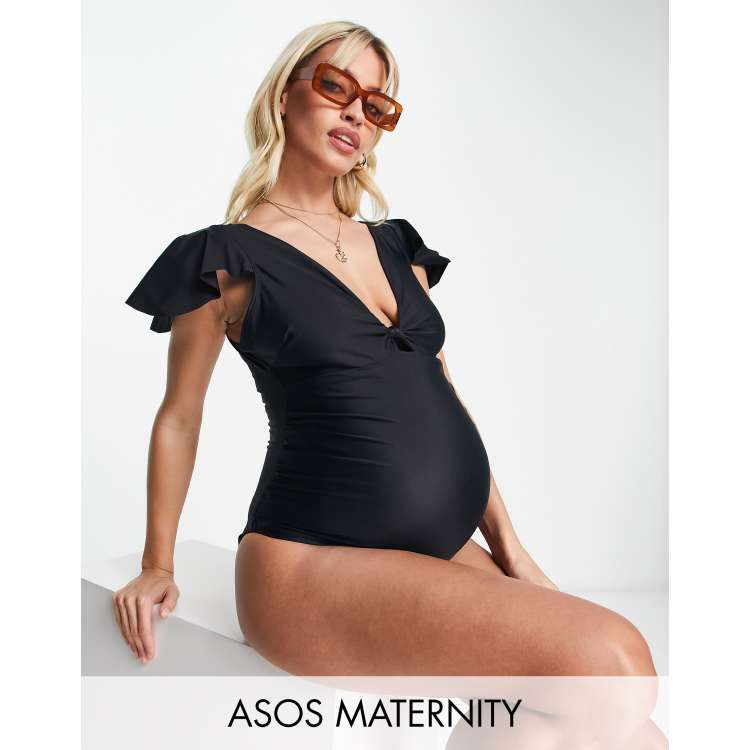 ASOS DESIGN Maternity knot front flutter sleeve swimsuit in black