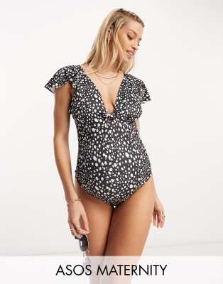 ASOS DESIGN Maternity tie shoulder ruched bust swimsuit in mono