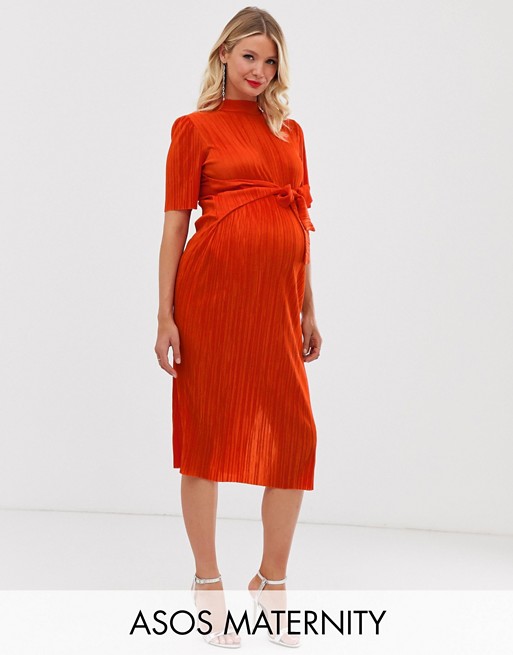 ASOS DESIGN Maternity knot front plisse midi dress