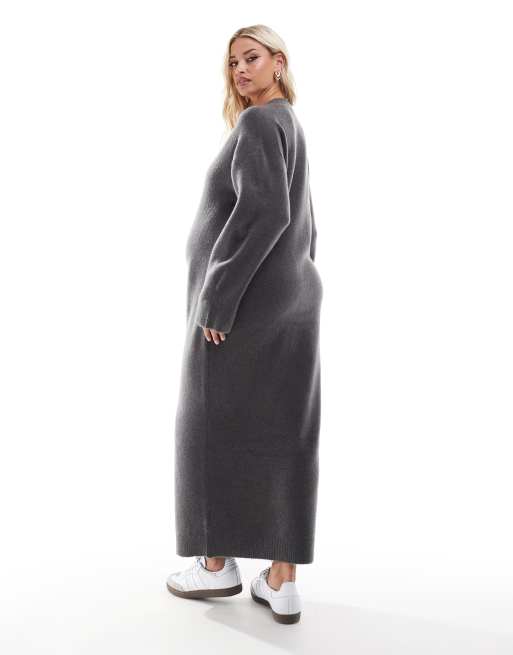 ASOS DESIGN Maternity - Koksgrå midaxi-kjole i strik med V-hals, 2 af 4