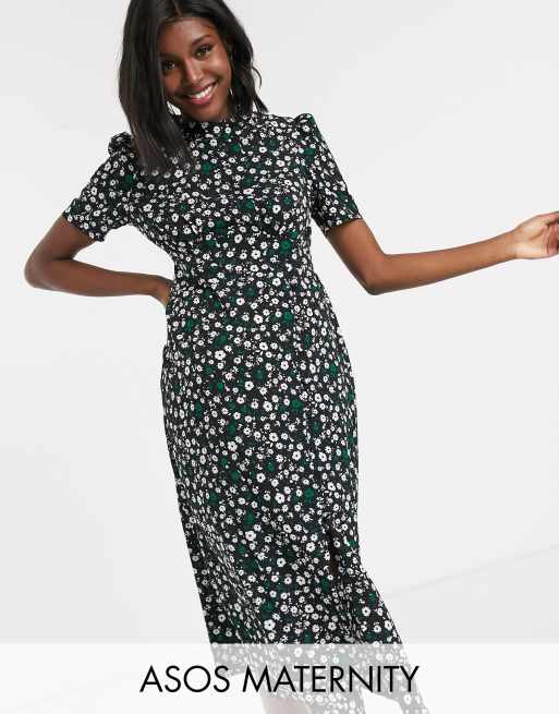 ASOS DESIGN Maternity – Koktajlowa sukienka średniej długości z kwiatowym wzorem i guzikami dla kobiet w ciąży