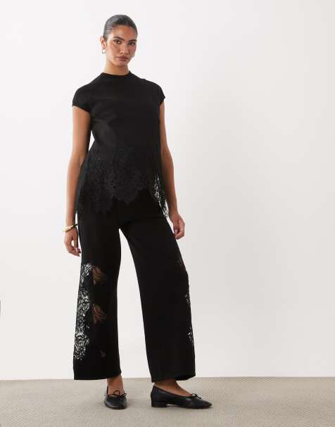 ASOS DESIGN Maternity kompaktstickad set med spetskantade byxor i svart - view 1