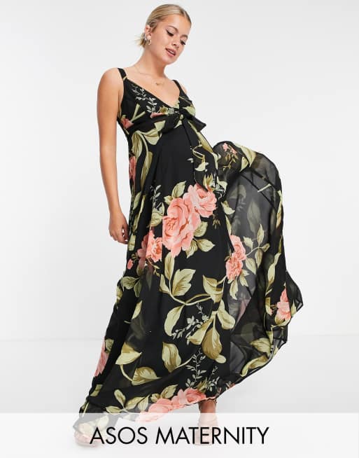 ASOS DESIGN Maternity – Kopertowa sukienka maxi na ramiączkach z wiązanym tyłem i wzorem w duże kwiaty