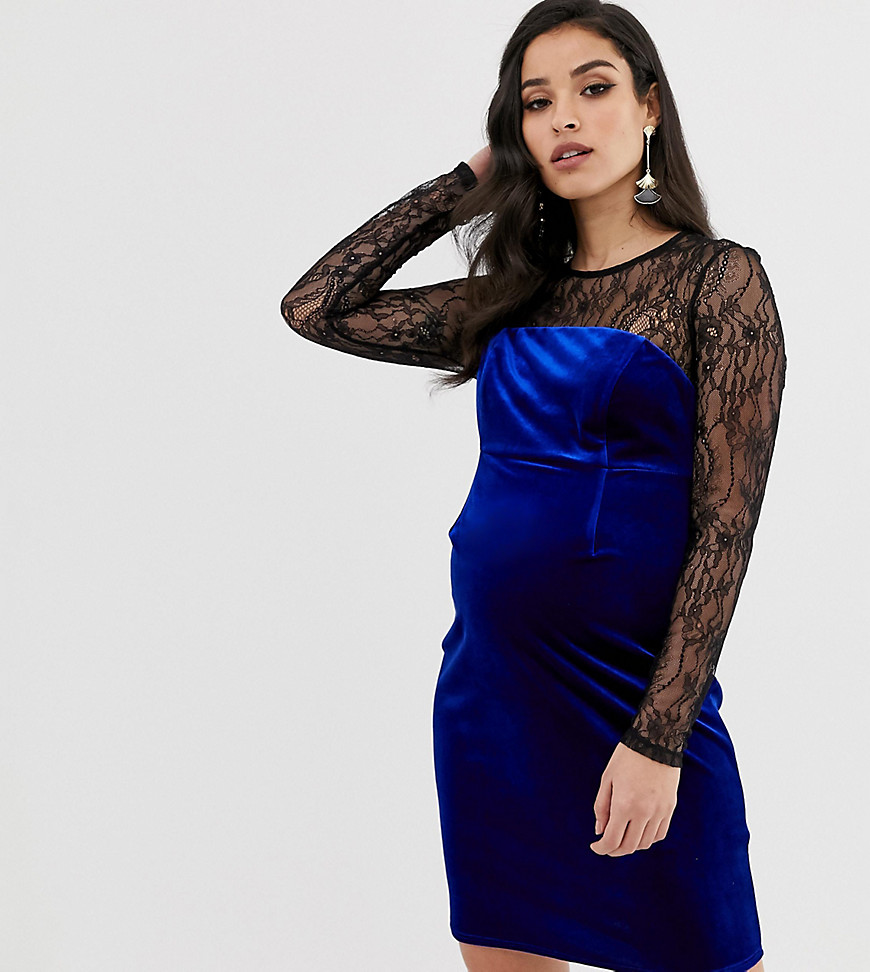 ASOS DESIGN – Maternity – Kort bodycon-klänning i sammet med spets-Blå