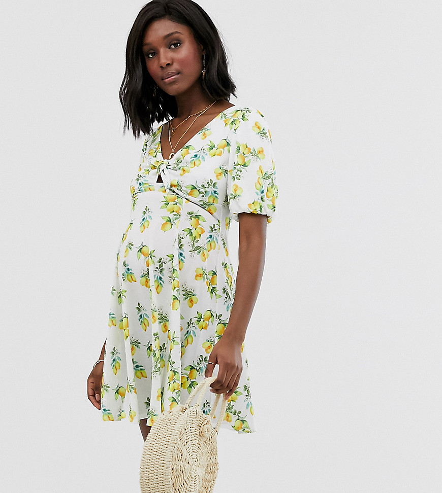 ASOS DESIGN Maternity – Kort tea-klänning med citroner och knytning framtill-Grön