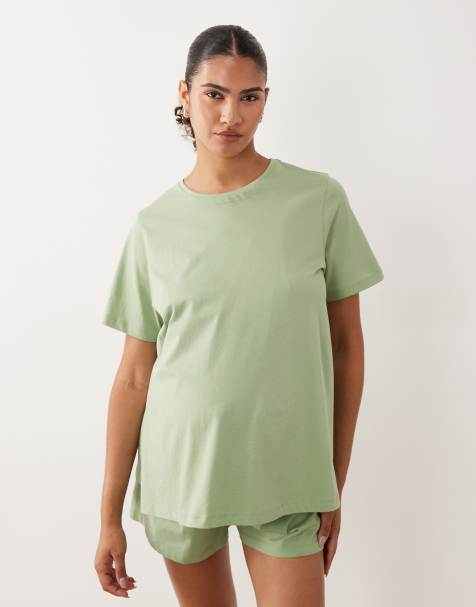 ASOS DESIGN Maternity koszulka do piżamy do karmienia z bawełny, oversize, z rozcięciami po bokach, pistacjowa zieleń - view 1