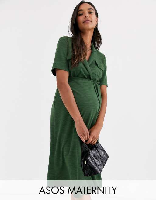 ASOS DESIGN Maternity – Koszulowa sukienka mini z paskiem w zielonkawym odcieniu