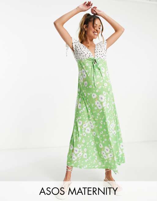 ASOS DESIGN Maternity – Kurzärmliges Midi-Freizeitkleid mit Bindedetails und Punkte-Blumenmustermix