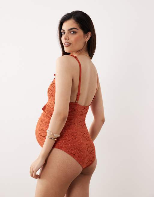 ASOS DESIGN Maternity Kyle plunge neck swimsuit in rust, 3 of 4
