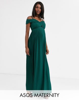 ASOS DESIGN Maternity lace and pleat bardot maxi dress in forest