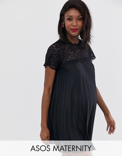 ASOS DESIGN Maternity lace and pleat detail swing mini dress