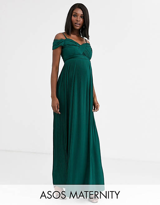 ASOS DESIGN Maternity lace and pleat off-the-shoulder maxi dress in forest green
