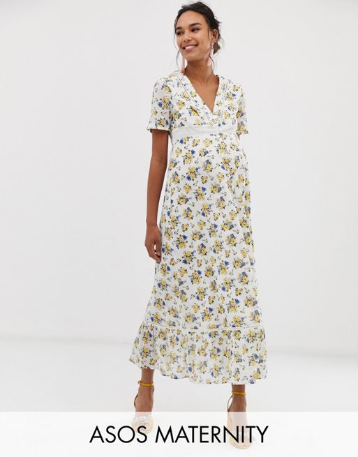 Asos Design Maternity Lace Insert Button Through Maxi Tea Dress In Ditsy Floral Print Asos 