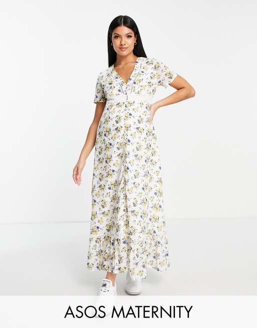 ASOS DESIGN Maternity button through midi shirt dress with lace inserts in  burnout in khaki