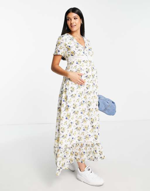 ASOS DESIGN Maternity lace insert button through maxi tea dress in floral  print