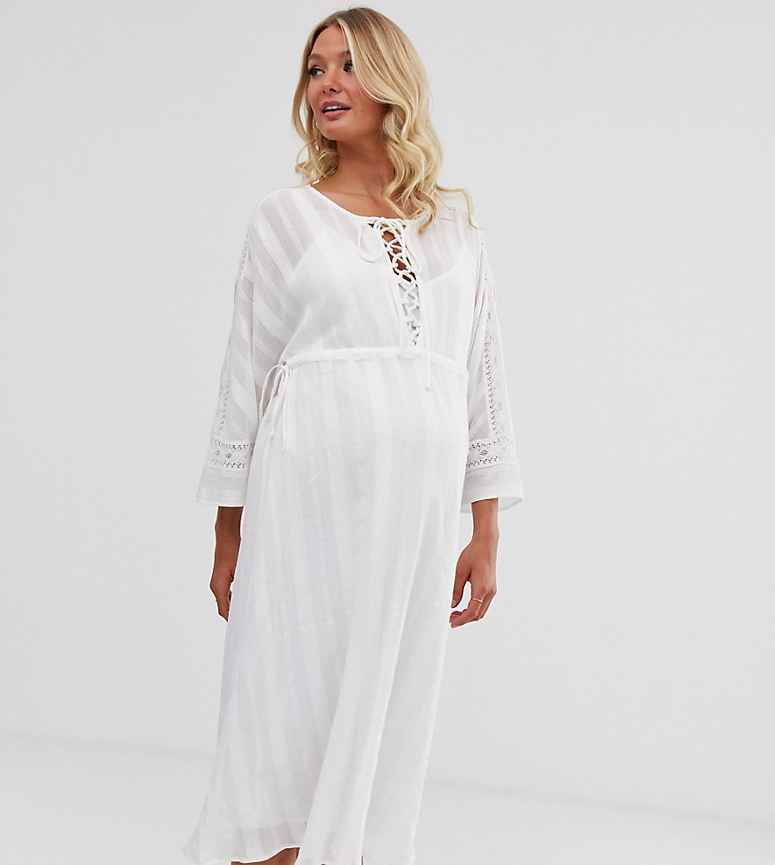 ASOS DESIGN Maternity lace insert midi dress with lace up front-White