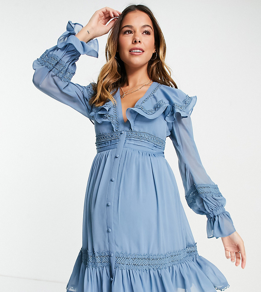 ASOS DESIGN Maternity lace insert mini dress with ruffle detail and button through-Blue