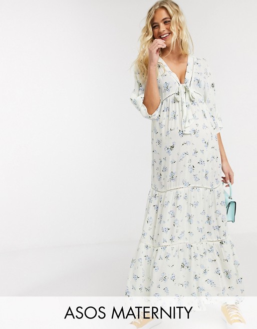 ASOS DESIGN Maternity lace insert tie front maxi dress with kimono sleeve in ditsy floral print