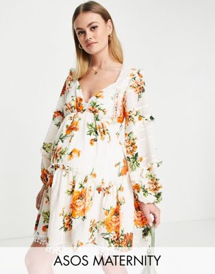ASOS DESIGN Maternity lace insert tiered mini dress with trim detail in floral print