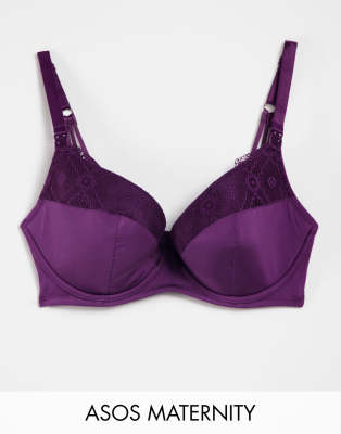 ASOS DESIGN Maternity lace padded plunge nursing bra in purple-Neutral