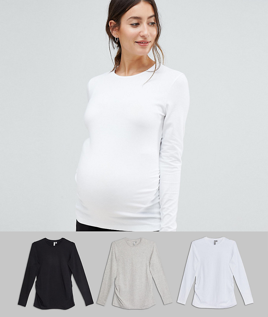 ASOS DESIGN Maternity – Långärmad t-shirt med rund halsringning och rynkning i 3-pack SPARA-Flerfärgad